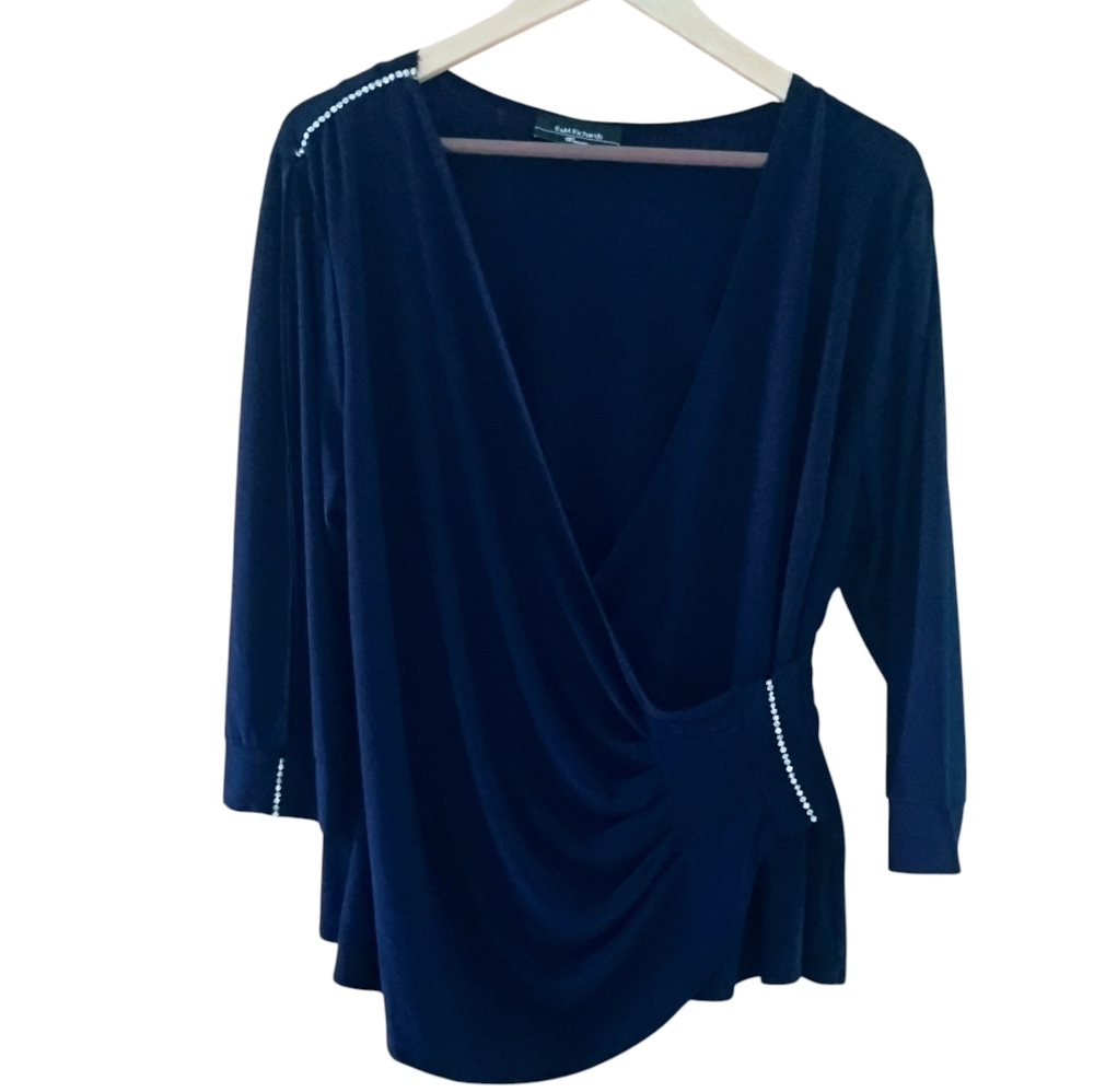 R&M Richards Deep Blue Draped Women's Rhinestone Embellished Top